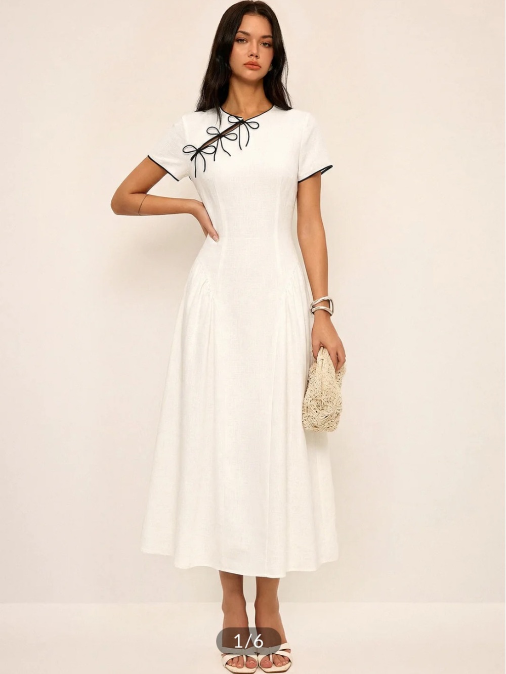 Commense White Midi Cheongsam Dress with Black Trim